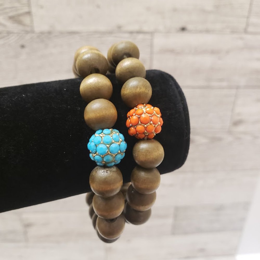 Wooden Bead Bangle Bracelet Stretch Elastic blue and orange beads set of 2